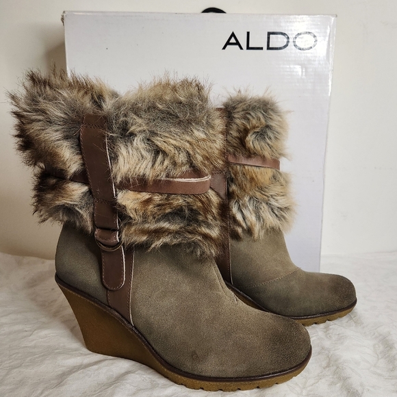 Suede Fur Wedge Heels Boots - Picture 1 of 16